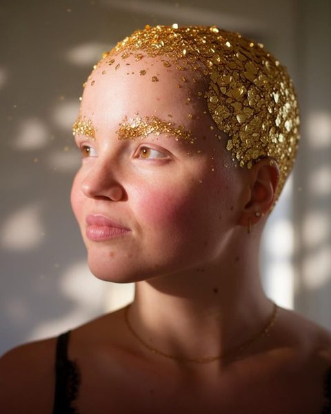 Vrouw met gouden glitter op haar hoofd, kijkend naar het licht